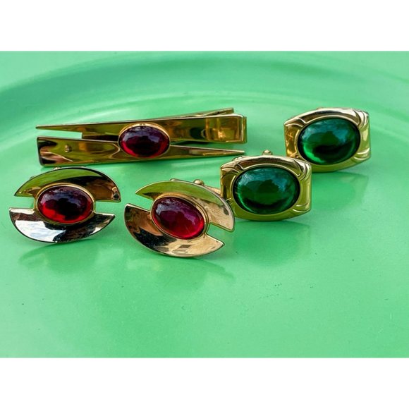 Vintage Lot 1960s Cufflinks Red/Green Lucite Tie Clip - Picture 13 of 13